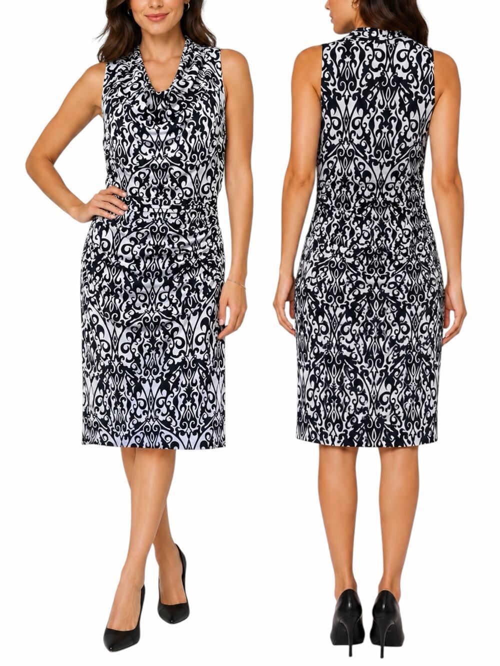 Cato Damask Cowl Neck Damask Print Mini Dress Black White Size 12